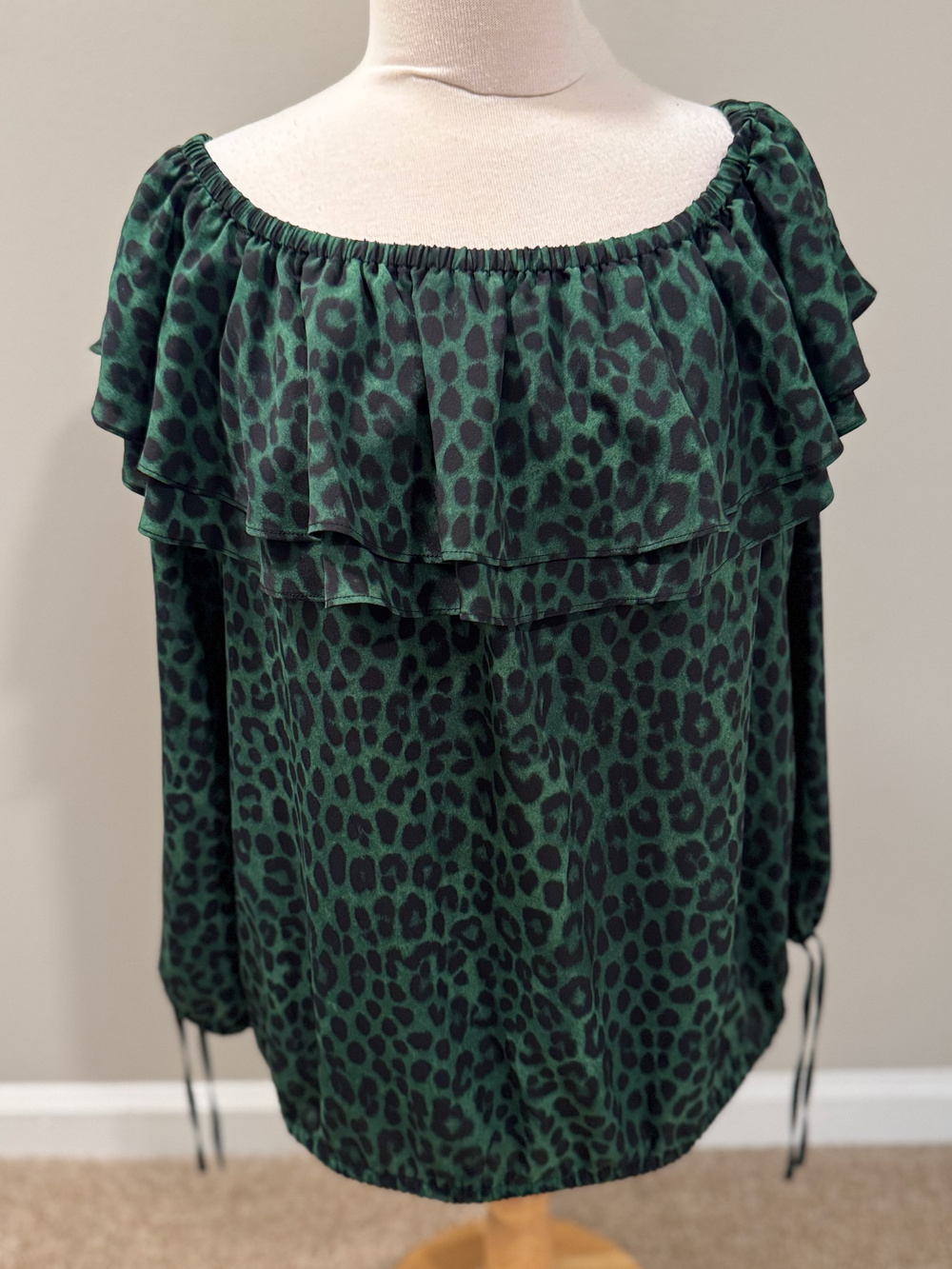 Michael Kors XL Blouse Green Black Leopard Off Shoulder Ruffle Peasant Tunic Top